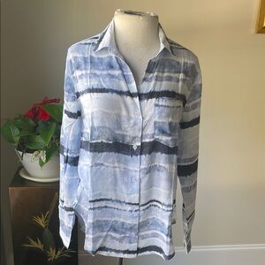 Bella Dahl Gray and White Watercolor Stripe Button-Down Blouse
